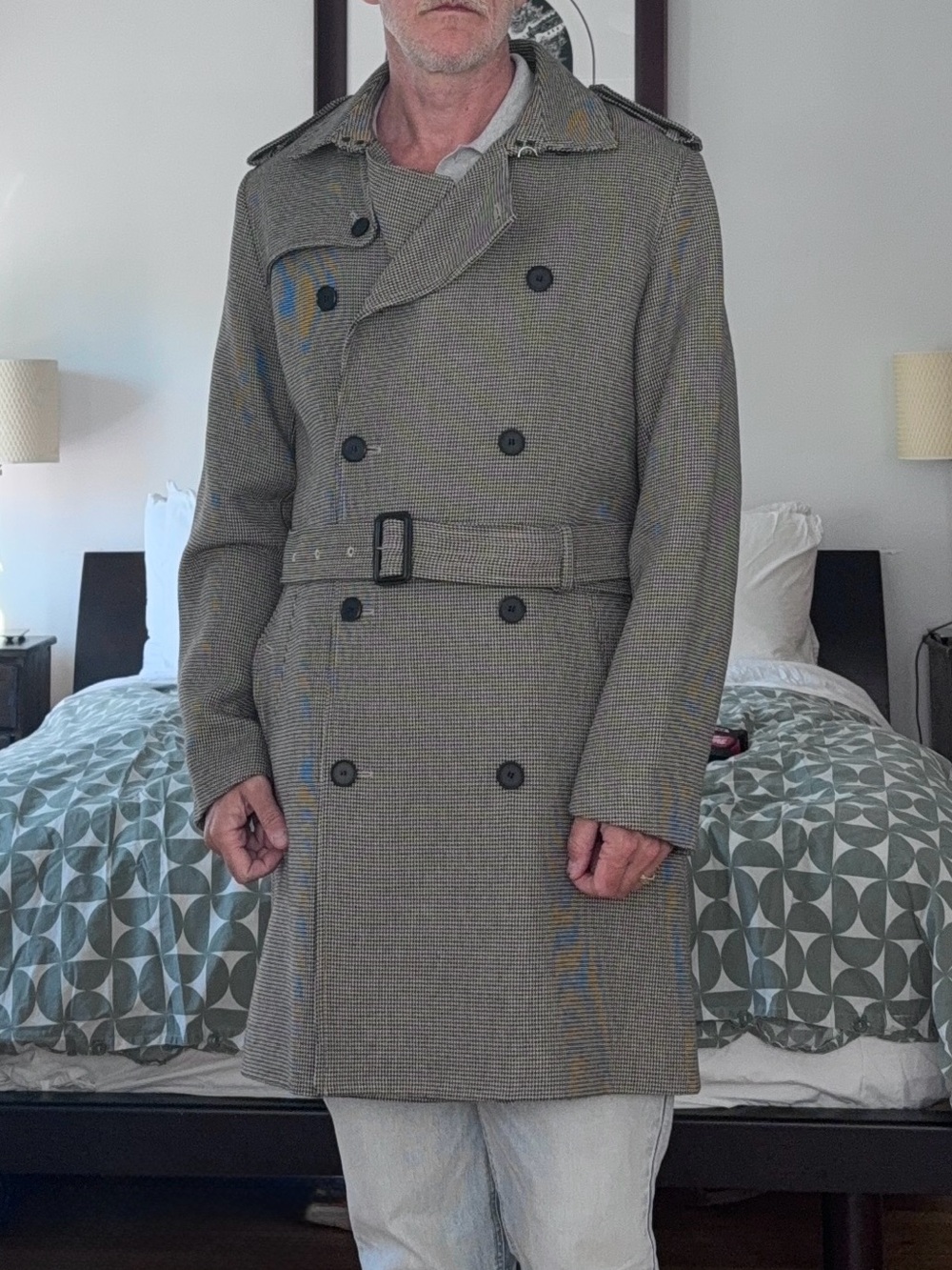 Reiss Men's Double-Breasted Checked Trench Coat - Gray
